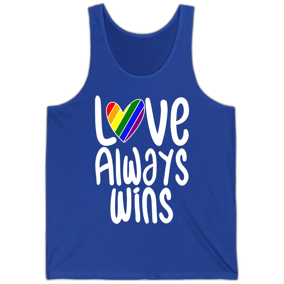 Rainbow striped heart with 'Love Always Wins' text - pride-themed design celebrating equality and LGBTQ inclusion in True Royal
