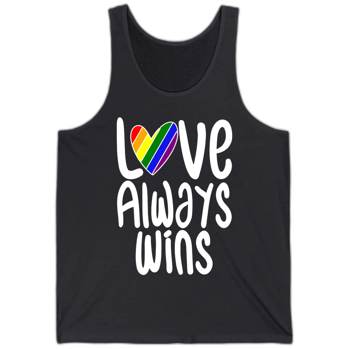 Rainbow striped heart with 'Love Always Wins' text - pride-themed design celebrating equality and LGBTQ inclusion in Dark Grey