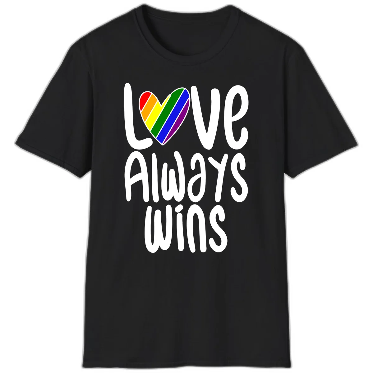 Rainbow striped heart with 'Love Always Wins' text - pride-themed design celebrating equality and LGBTQ inclusion in Black