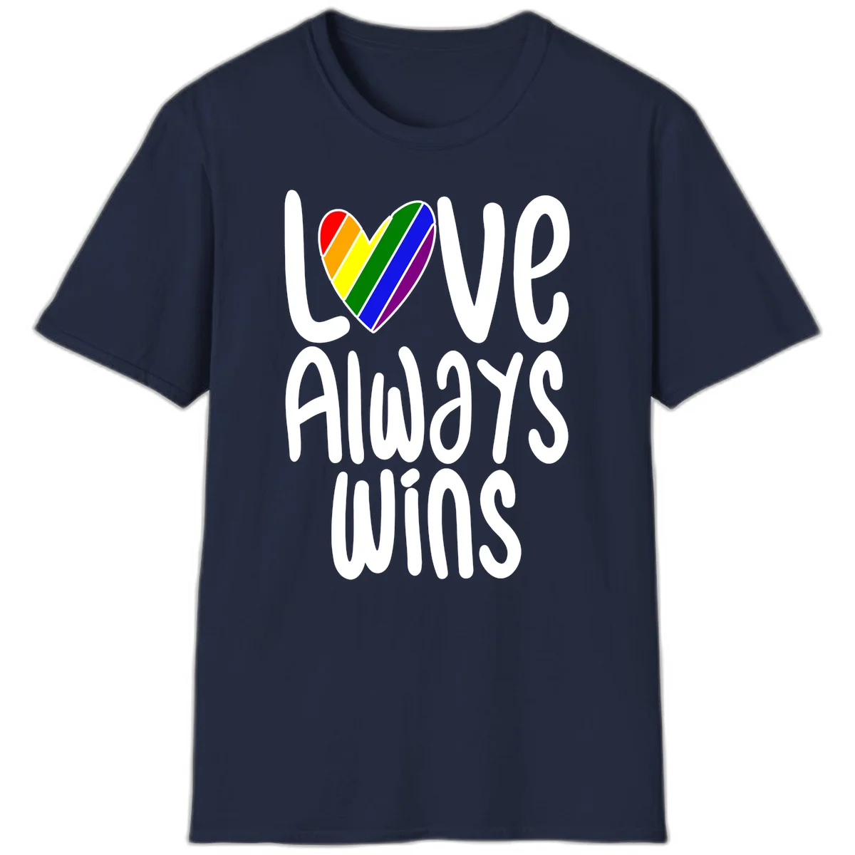 Rainbow striped heart with 'Love Always Wins' text - pride-themed design celebrating equality and LGBTQ inclusion in Navy
