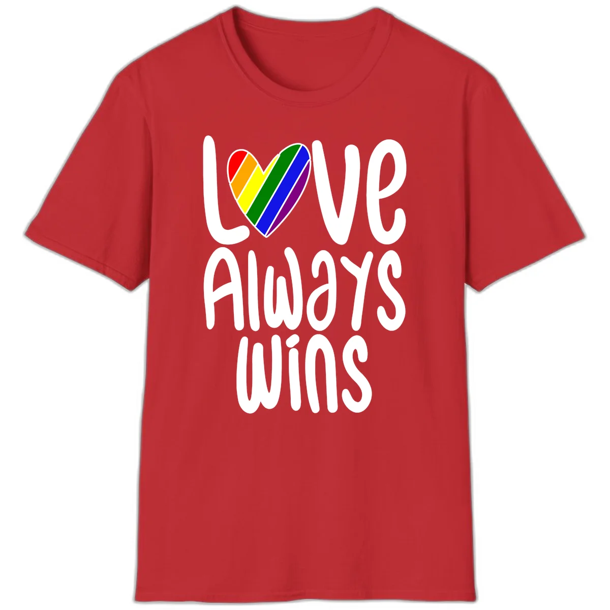 Rainbow striped heart with 'Love Always Wins' text - pride-themed design celebrating equality and LGBTQ inclusion in Red