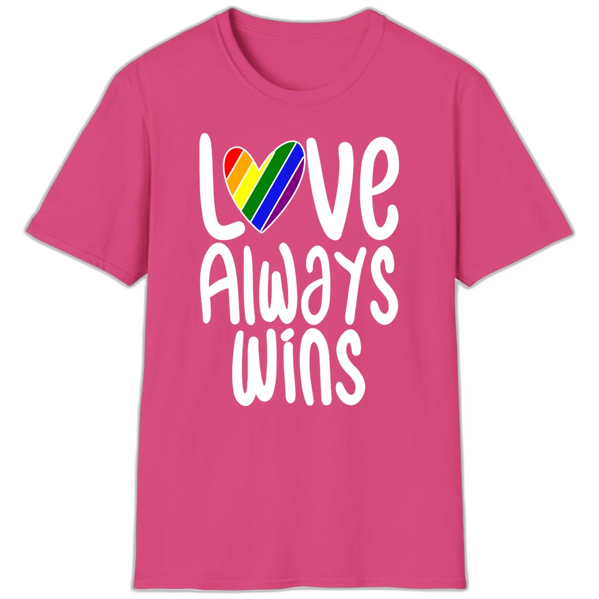 Rainbow striped heart with 'Love Always Wins' text - pride-themed design celebrating equality and LGBTQ inclusion in Heliconia