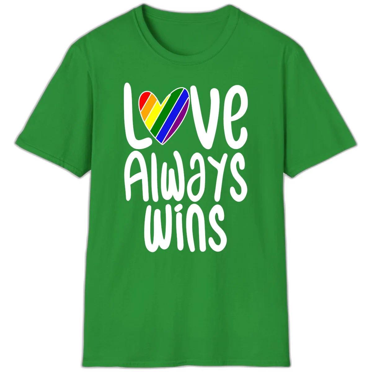 Rainbow striped heart with 'Love Always Wins' text - pride-themed design celebrating equality and LGBTQ inclusion in Irish Green