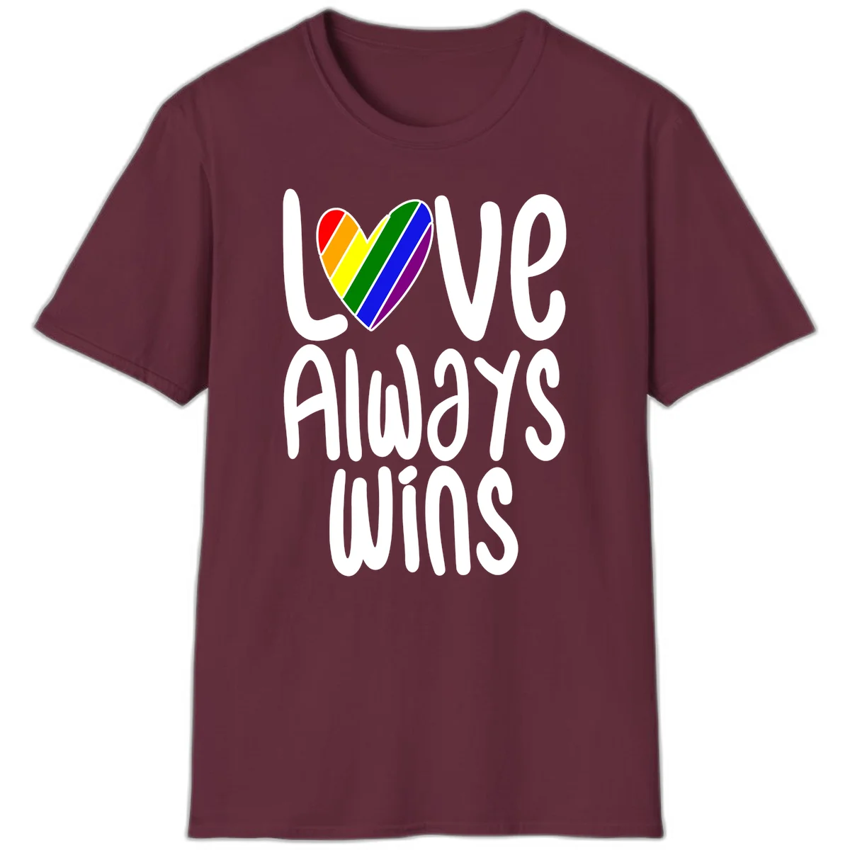 Rainbow striped heart with 'Love Always Wins' text - pride-themed design celebrating equality and LGBTQ inclusion in Maroon