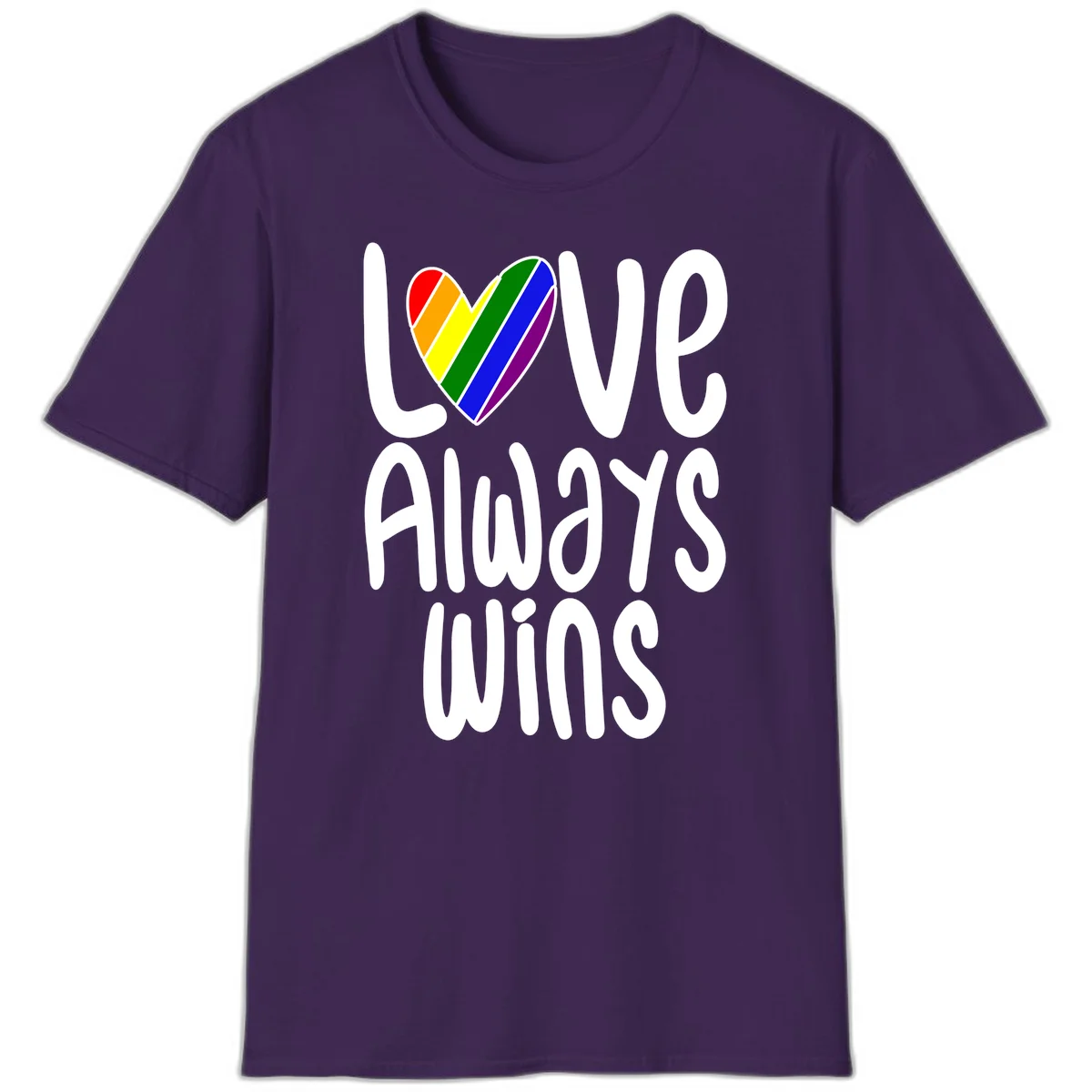 Rainbow striped heart with 'Love Always Wins' text - pride-themed design celebrating equality and LGBTQ inclusion in Purple