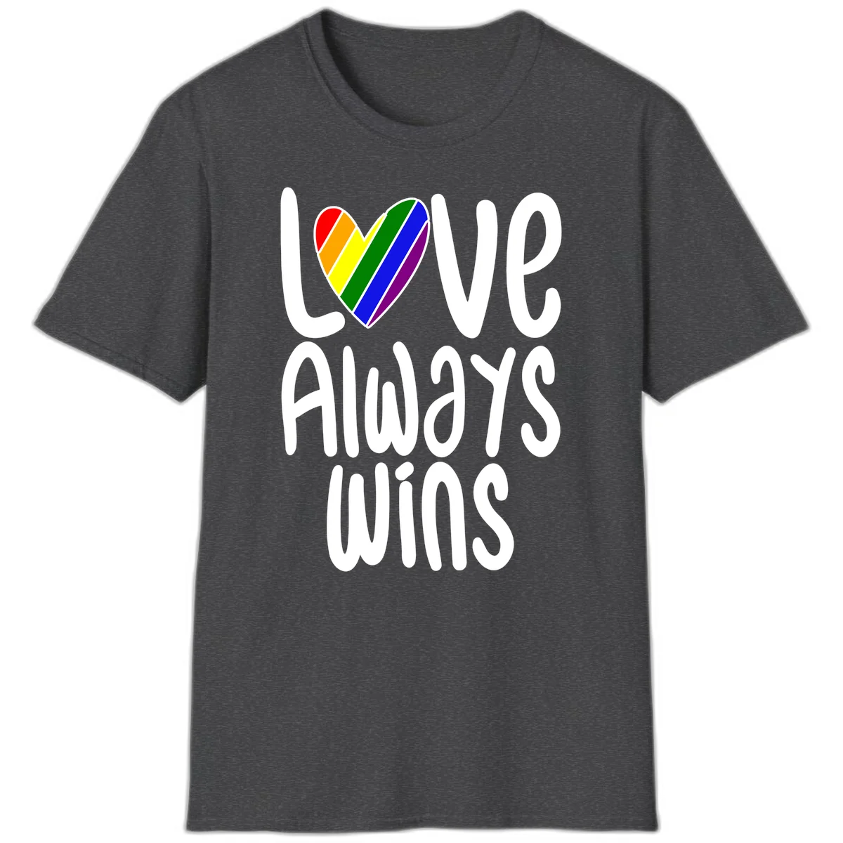 Rainbow striped heart with 'Love Always Wins' text - pride-themed design celebrating equality and LGBTQ inclusion in Dark Heather