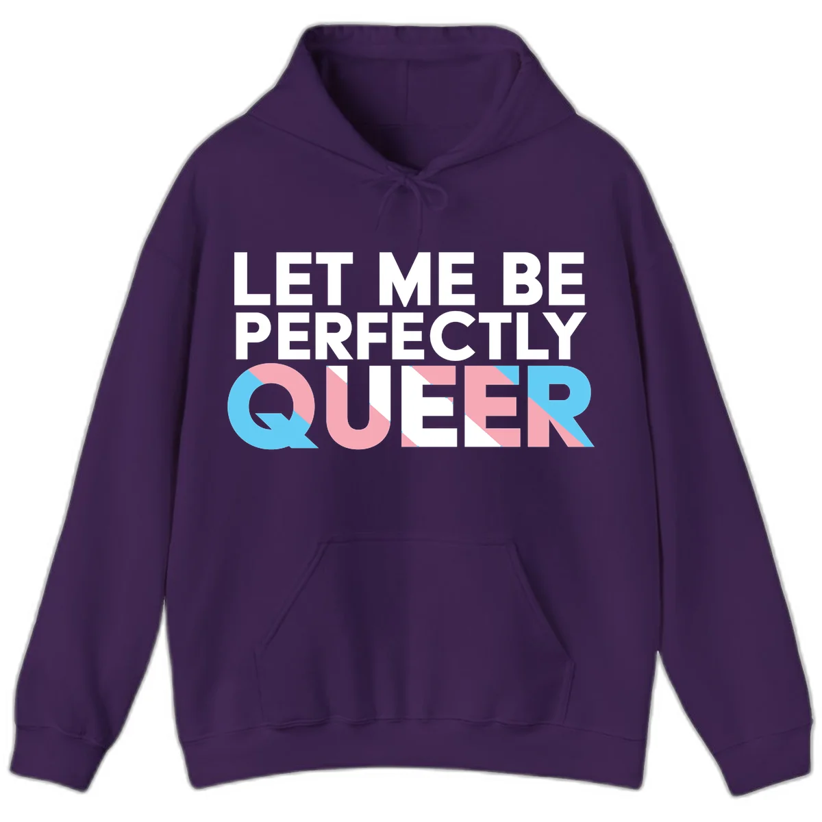 Bold white typography reading 'LET ME BE PERFECTLY QUEER' with pink and blue geometric color blocking on gray background in Purple