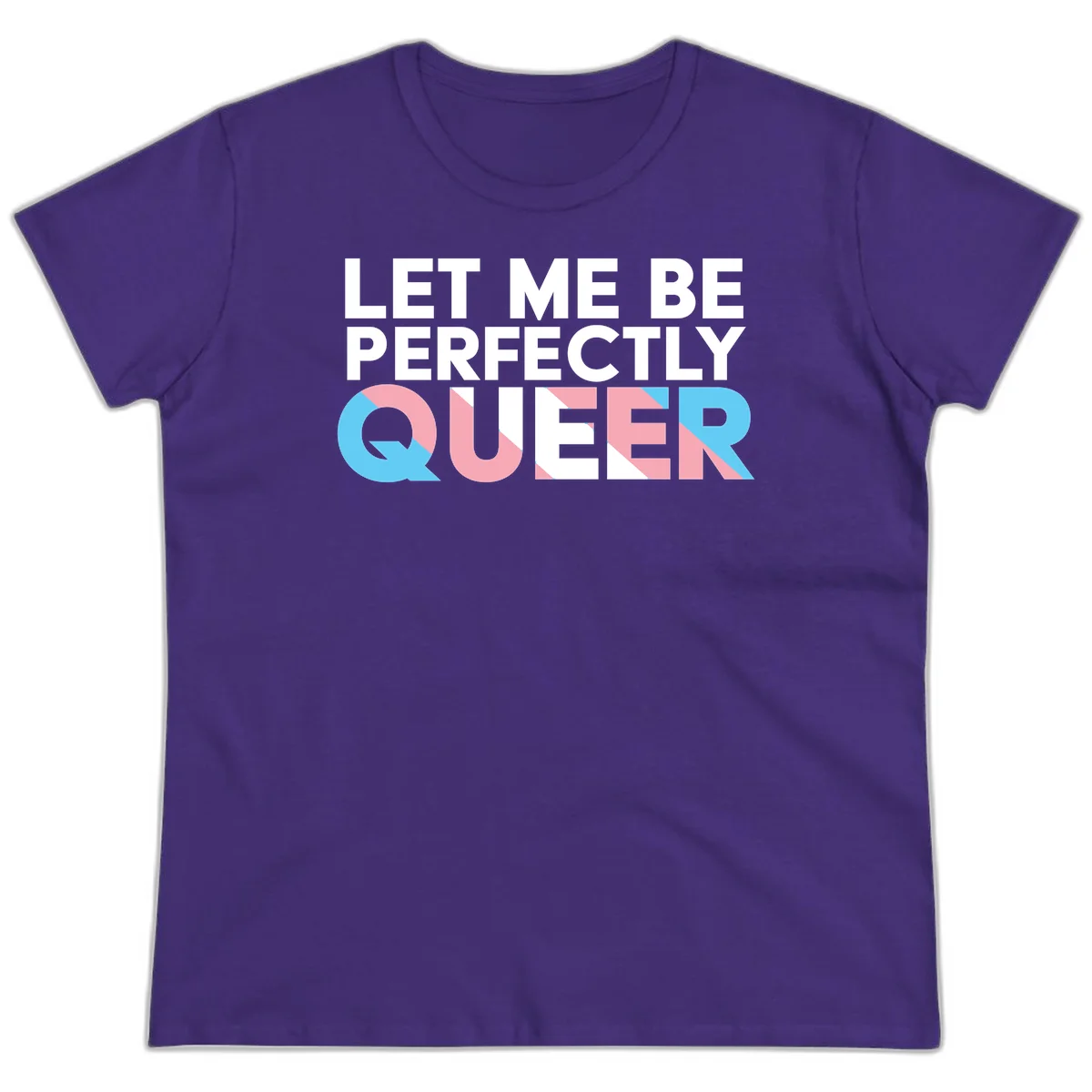 Bold white typography reading 'LET ME BE PERFECTLY QUEER' with pink and blue geometric color blocking on gray background in Purple