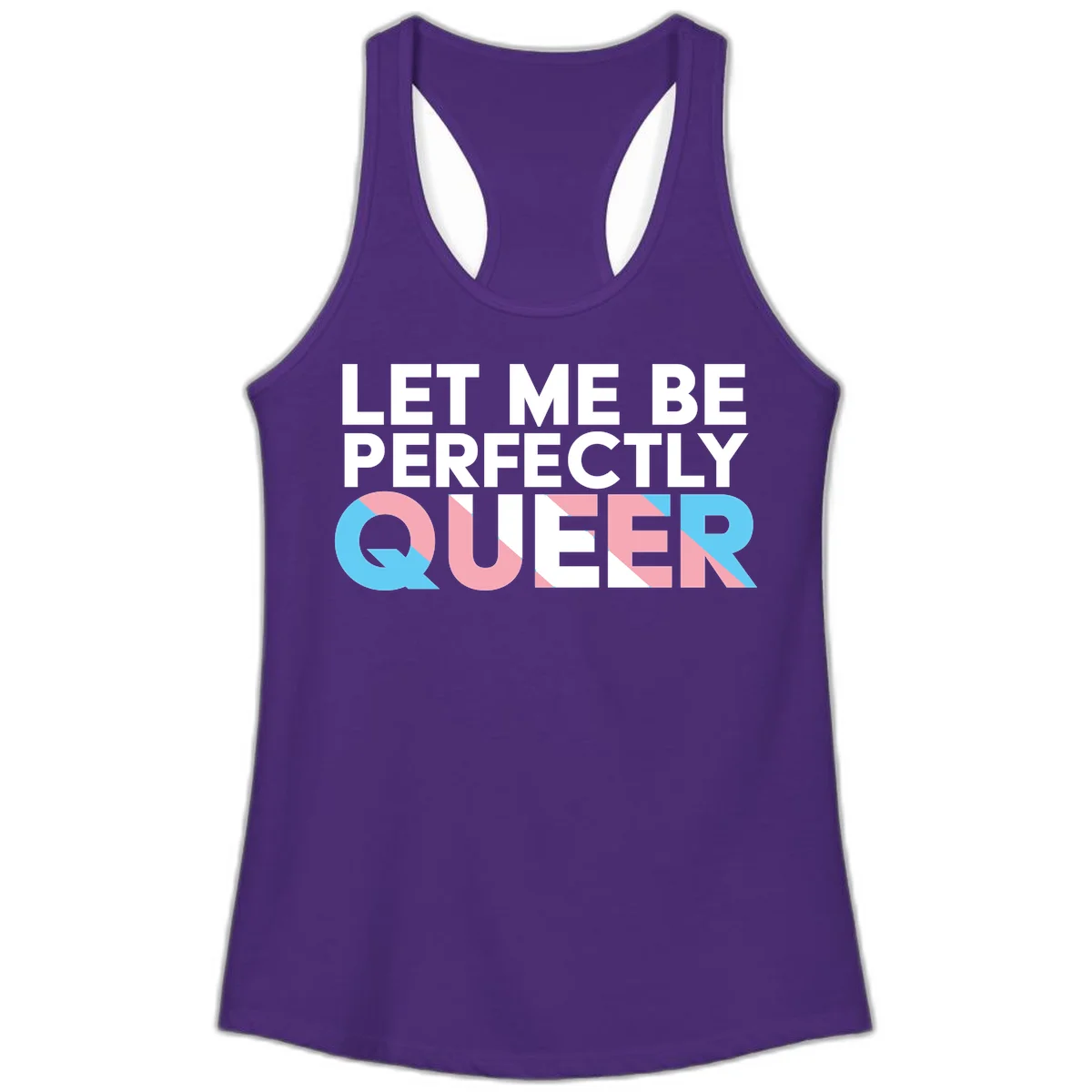 Bold white typography reading 'LET ME BE PERFECTLY QUEER' with pink and blue geometric color blocking on gray background in Solid Purple Rush