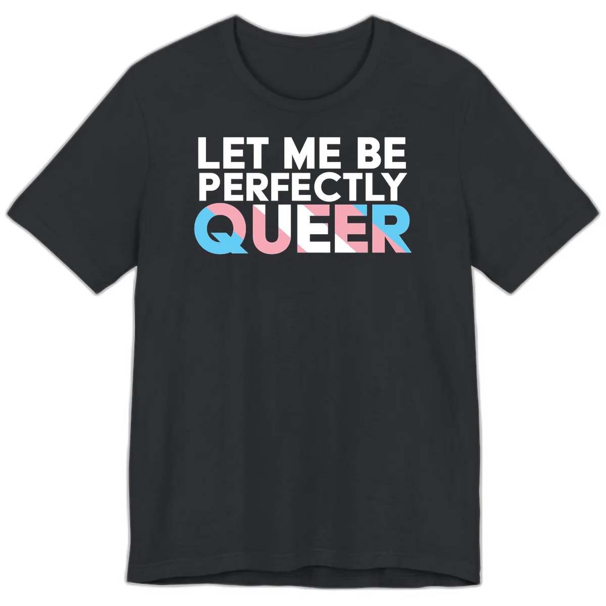 Bold white typography reading 'LET ME BE PERFECTLY QUEER' with pink and blue geometric color blocking on gray background in Vintage Black