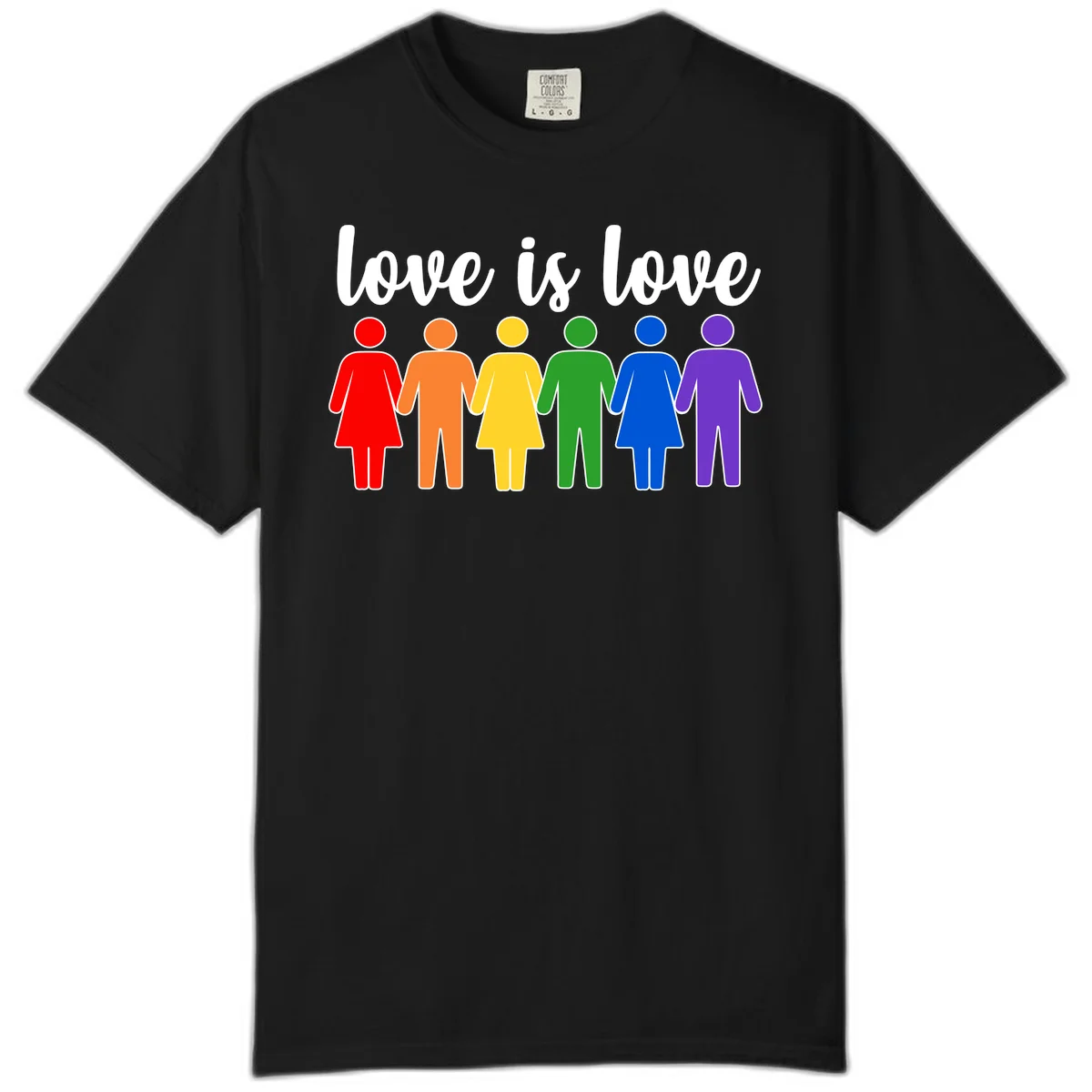 Six colorful figures holding hands in rainbow pride colors with 'love is love' text in Black
