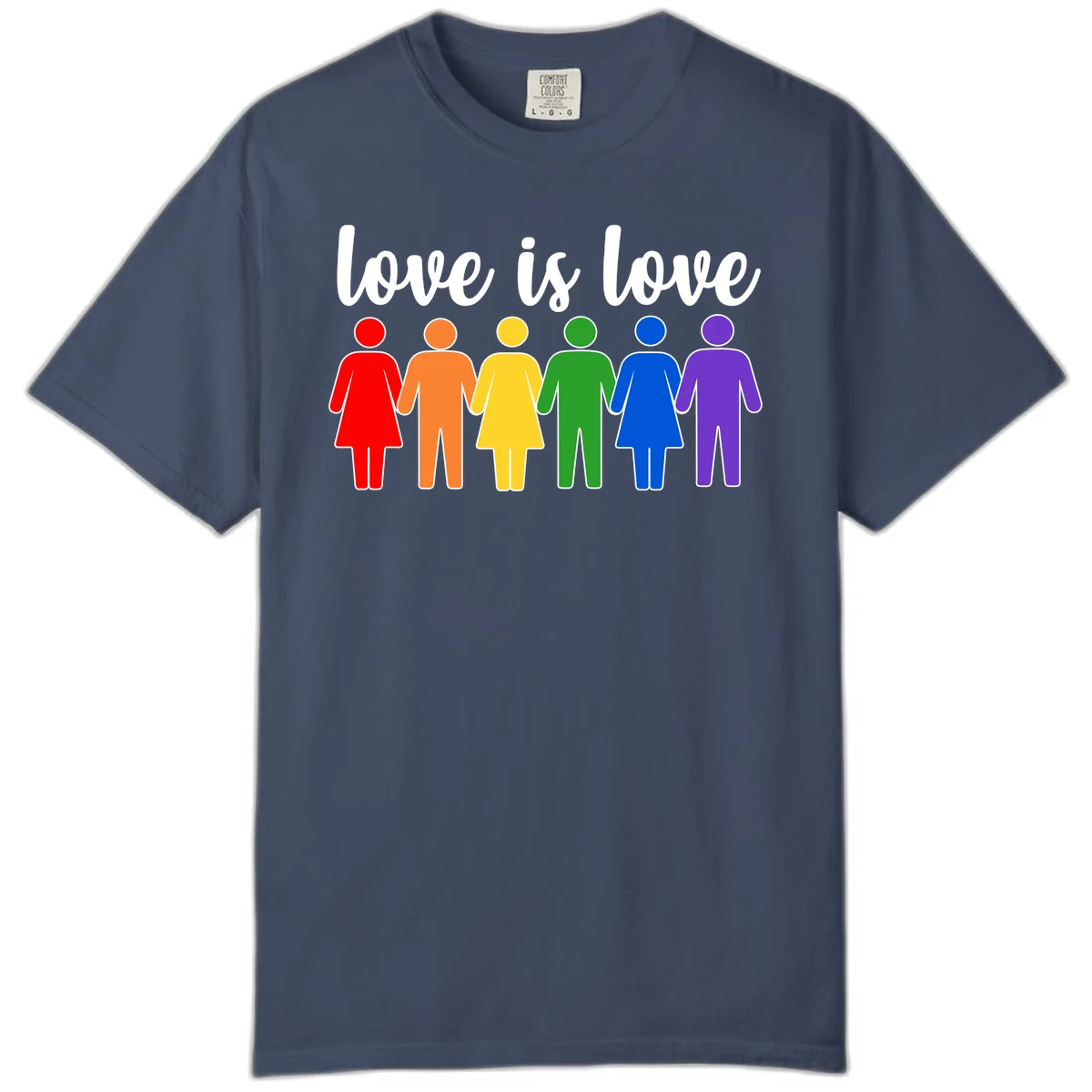 Six colorful figures holding hands in rainbow pride colors with 'love is love' text in Midnight