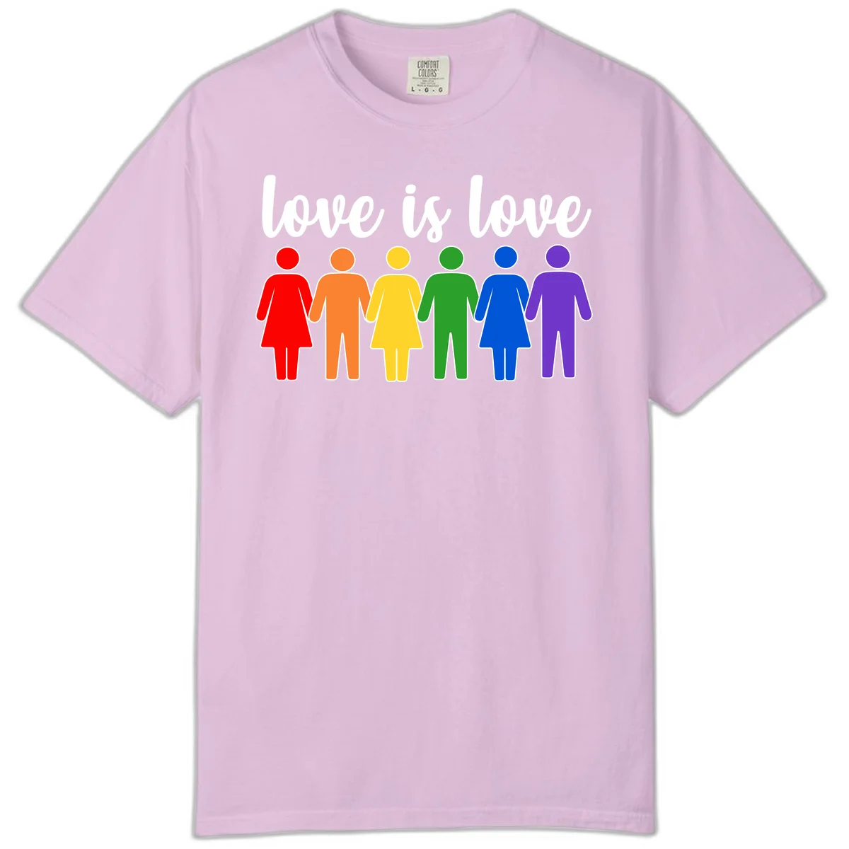 Six colorful figures holding hands in rainbow pride colors with 'love is love' text in Orchid