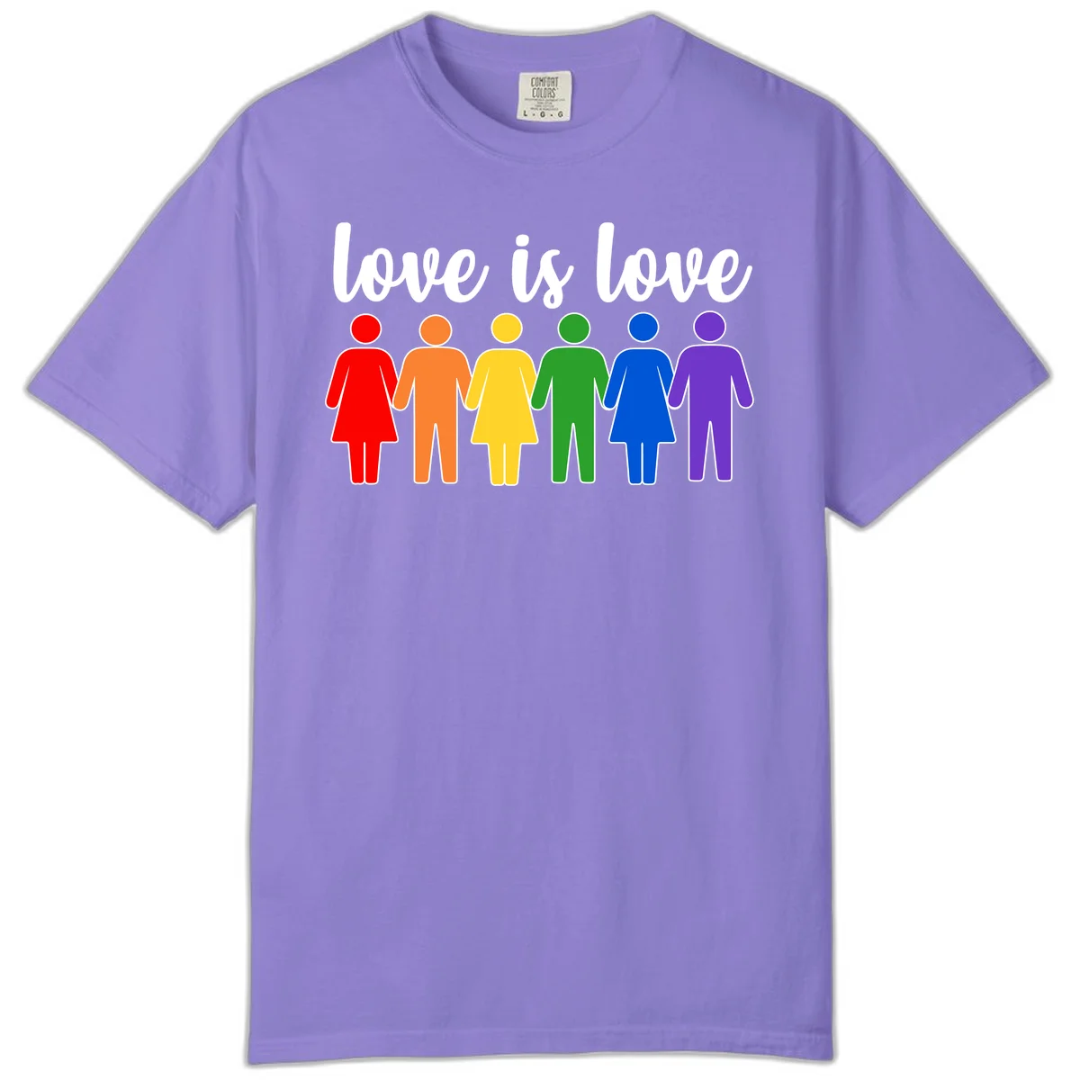 Six colorful figures holding hands in rainbow pride colors with 'love is love' text in Violet