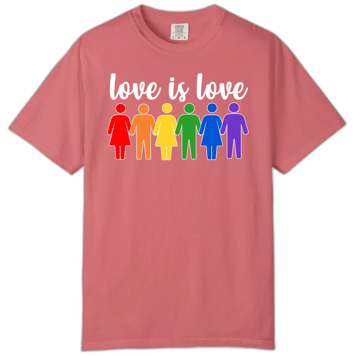 Six colorful figures holding hands in rainbow pride colors with 'love is love' text in Watermelon