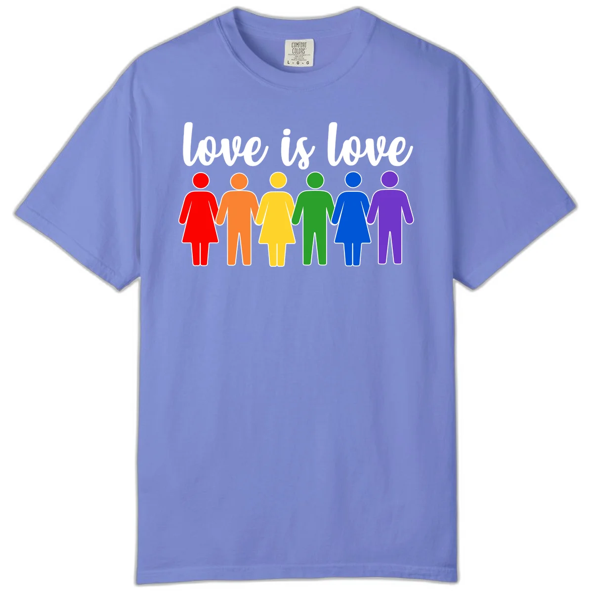 Six colorful figures holding hands in rainbow pride colors with 'love is love' text in Flo Blue