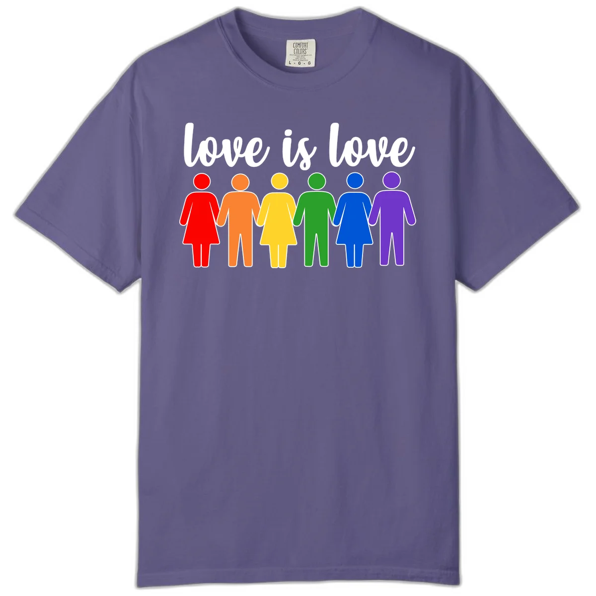 Six colorful figures holding hands in rainbow pride colors with 'love is love' text in Grape
