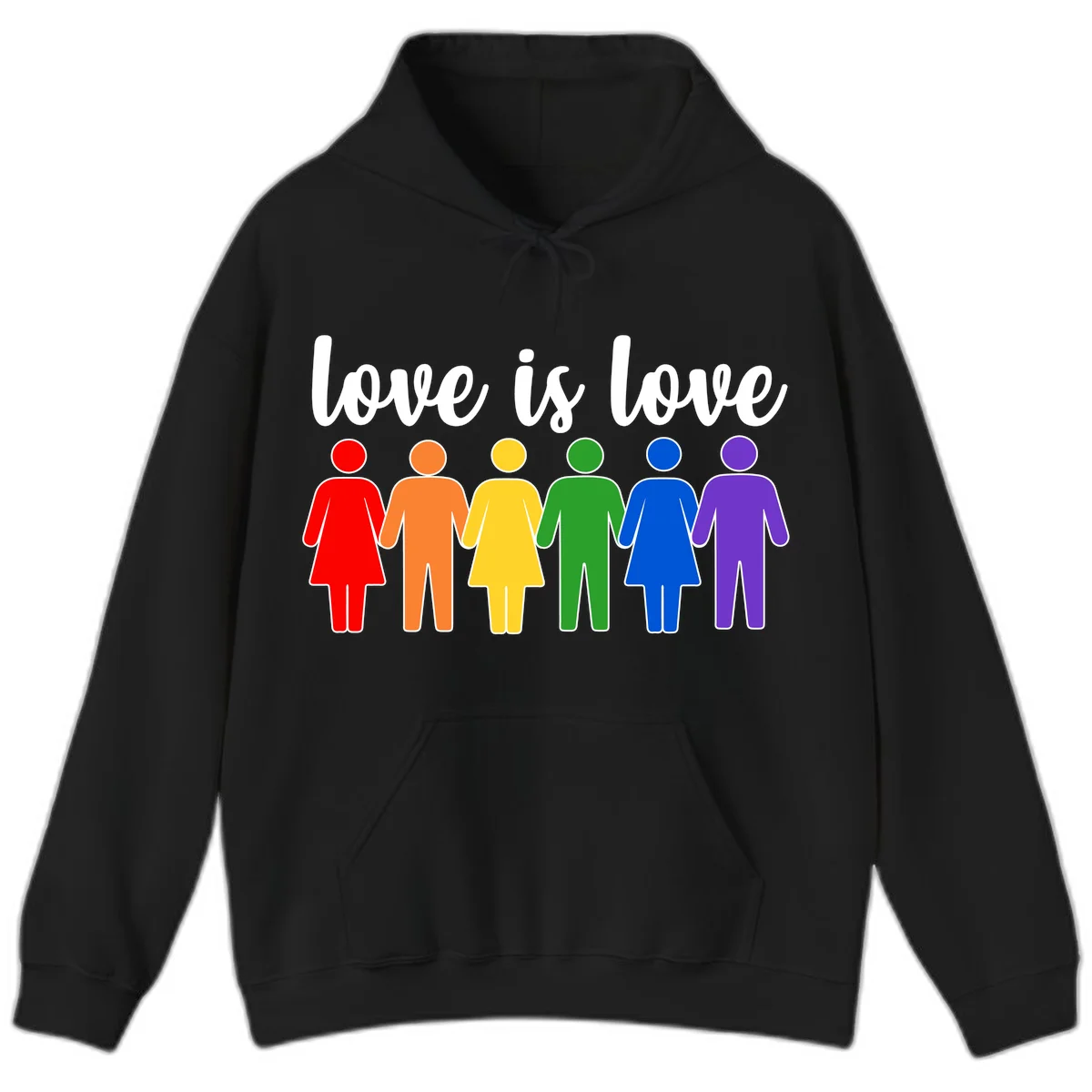 Six colorful figures holding hands in rainbow pride colors with 'love is love' text in Black