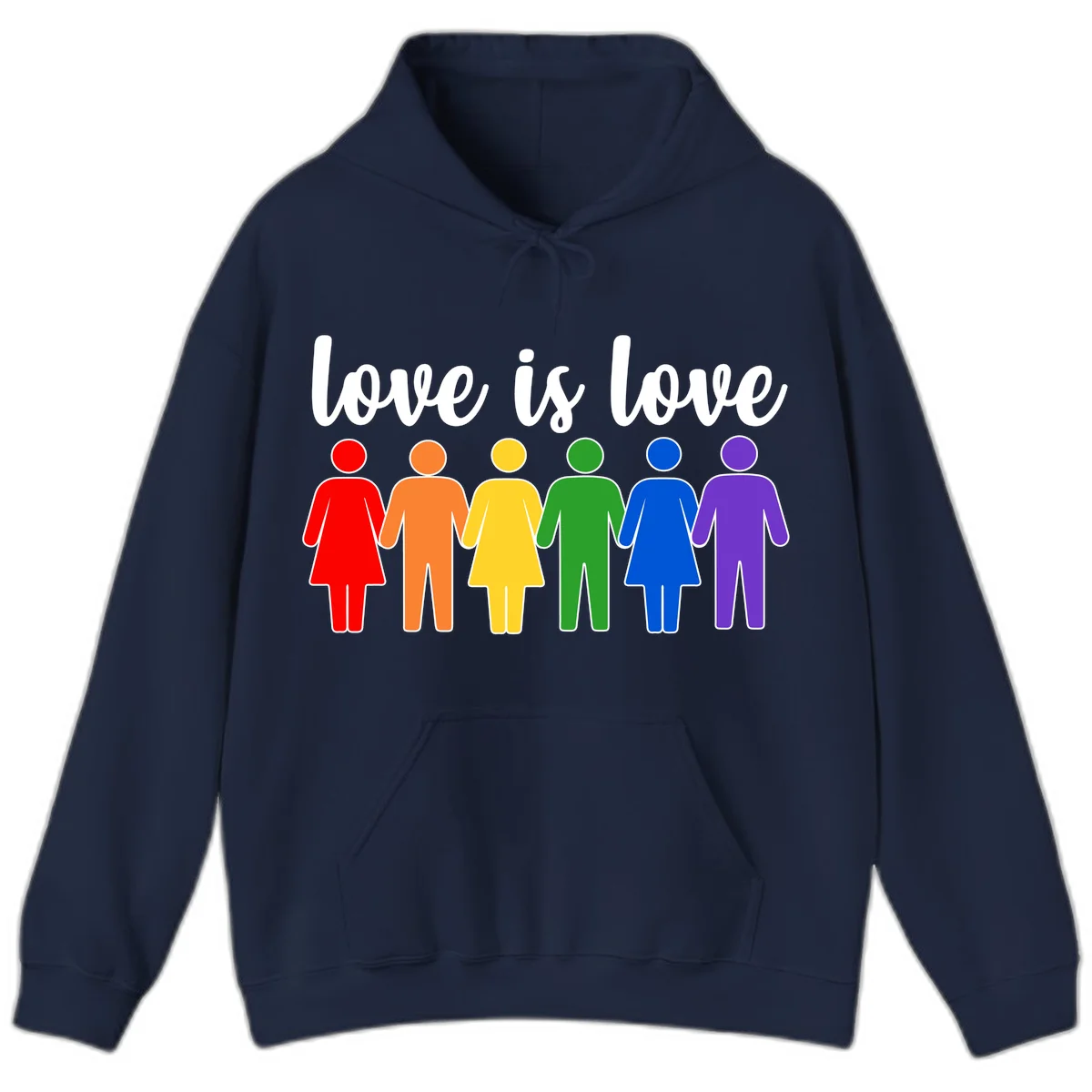 Six colorful figures holding hands in rainbow pride colors with 'love is love' text in Navy