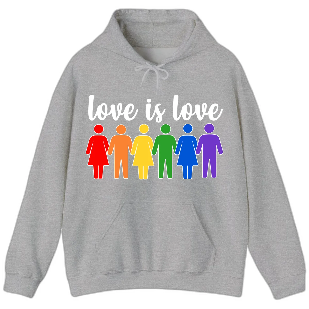Six colorful figures holding hands in rainbow pride colors with 'love is love' text in Sport Grey