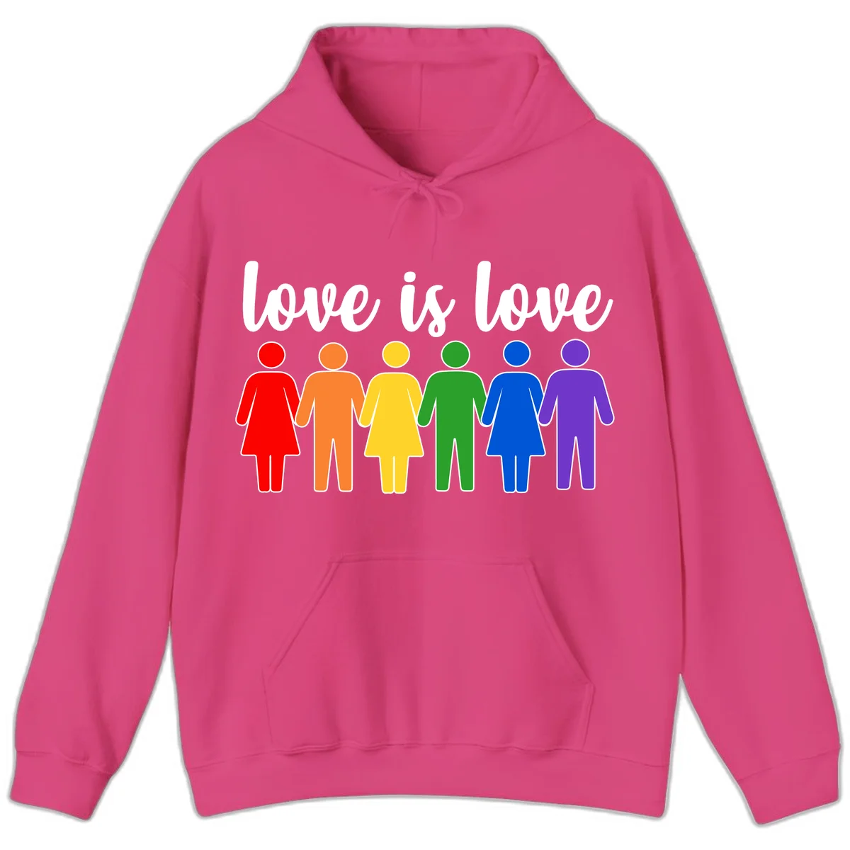 Six colorful figures holding hands in rainbow pride colors with 'love is love' text in Heliconia