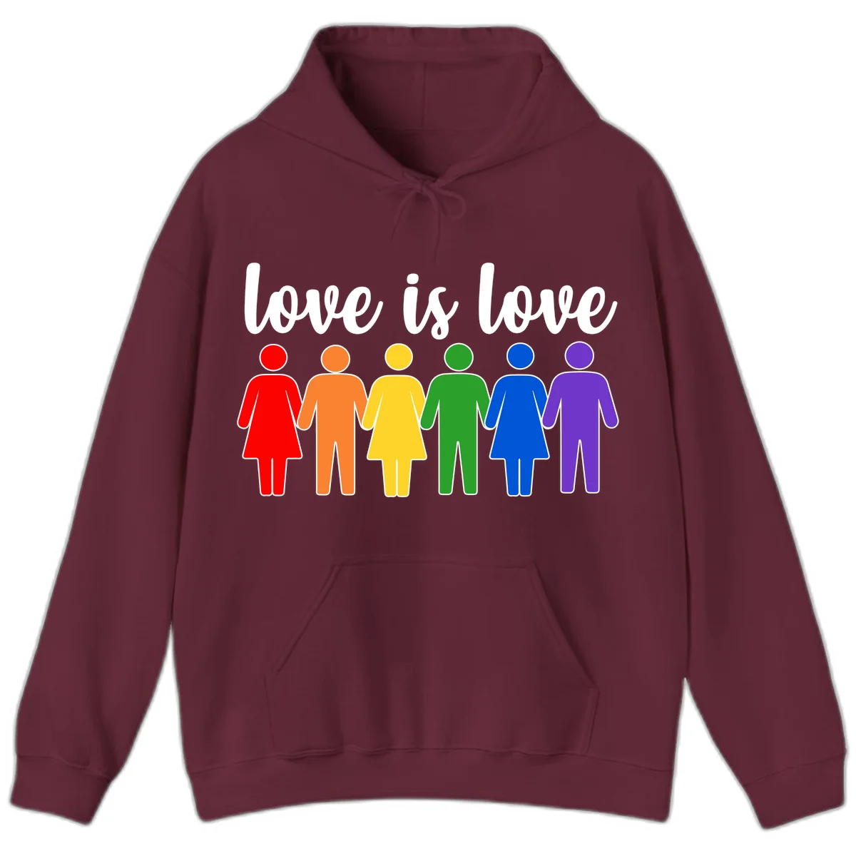 Six colorful figures holding hands in rainbow pride colors with 'love is love' text in Maroon