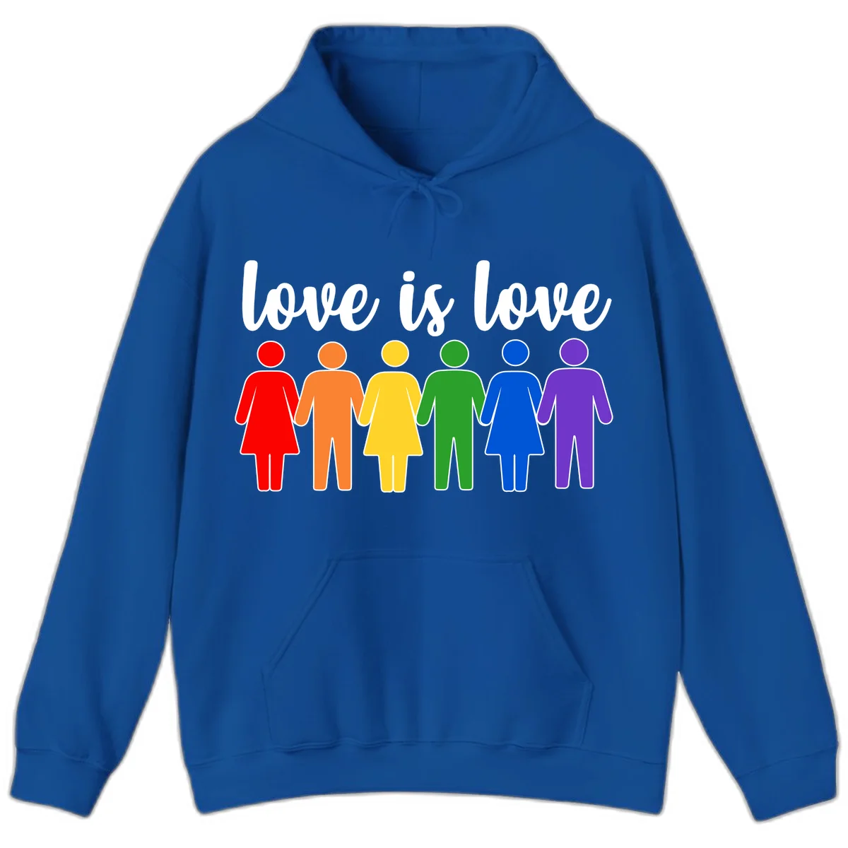 Six colorful figures holding hands in rainbow pride colors with 'love is love' text in Royal