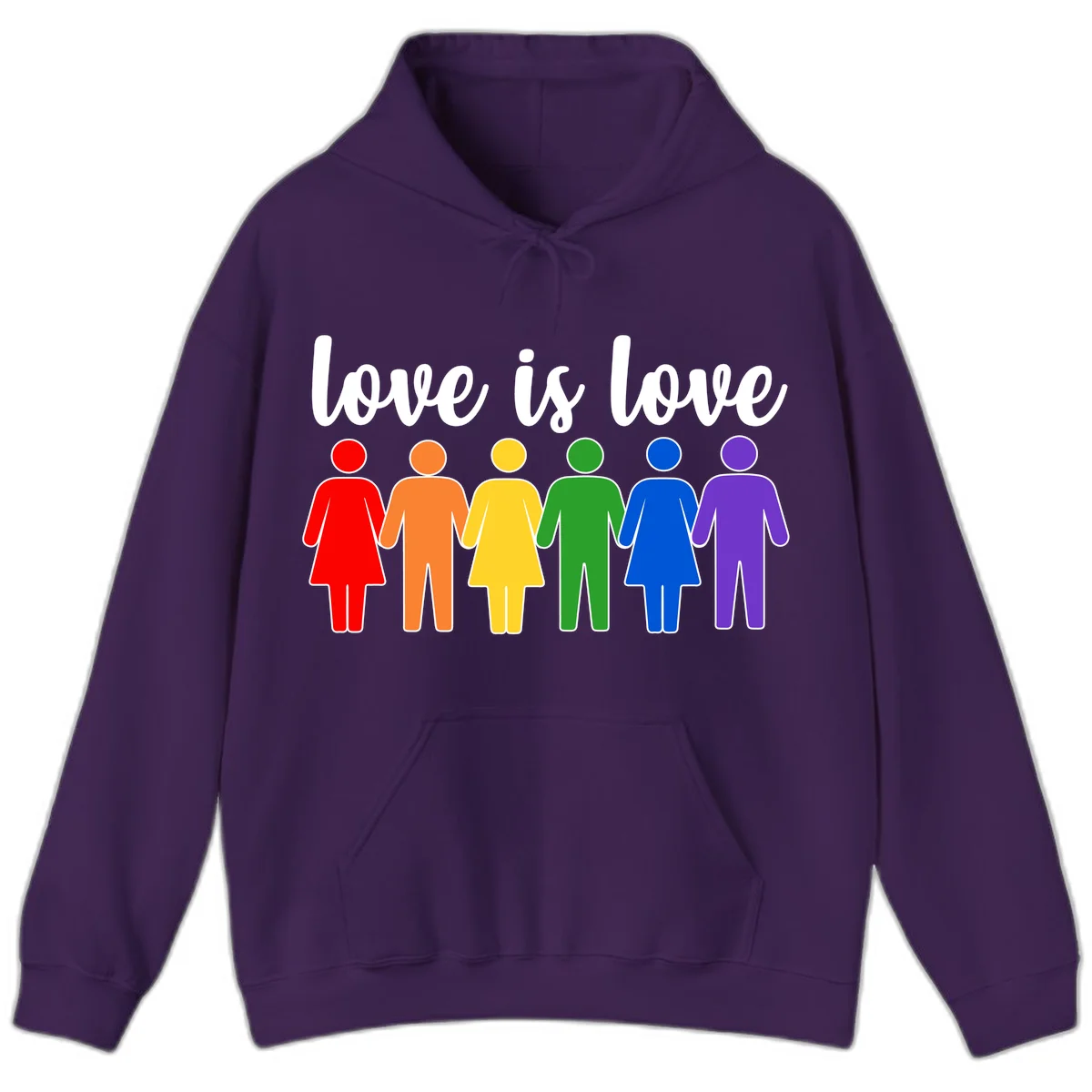 Six colorful figures holding hands in rainbow pride colors with 'love is love' text in Purple