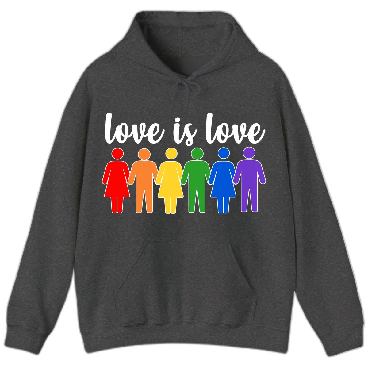 Six colorful figures holding hands in rainbow pride colors with 'love is love' text in Dark Heather