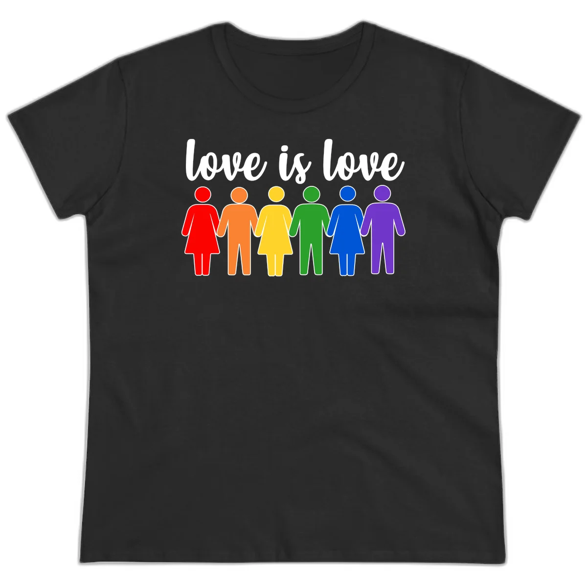 Six colorful figures holding hands in rainbow pride colors with 'love is love' text in Black