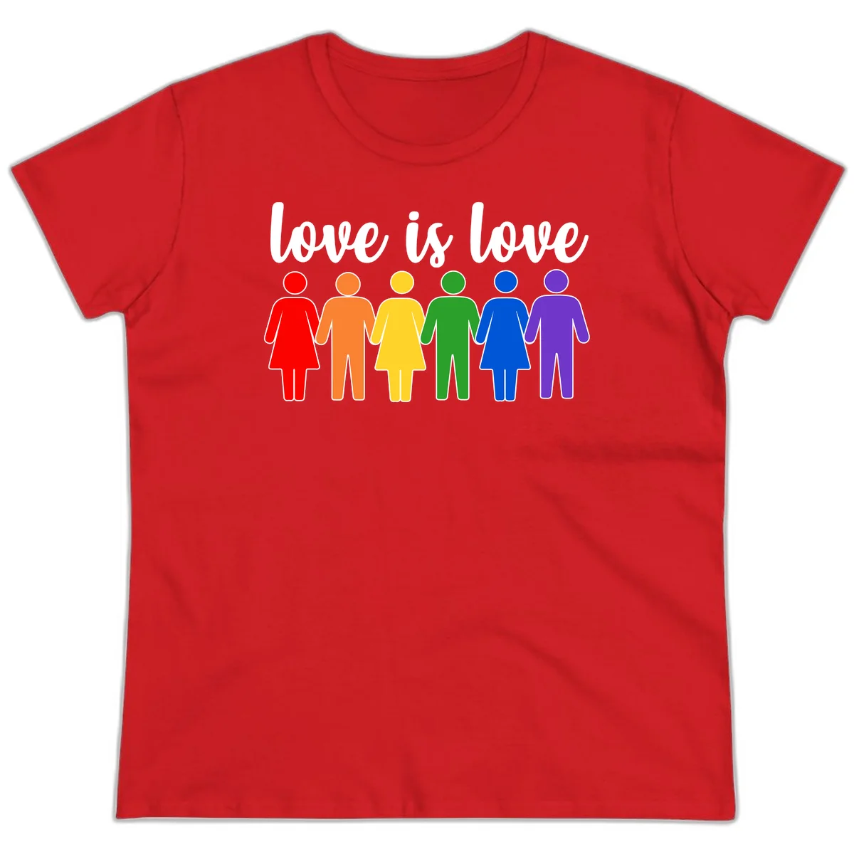 Six colorful figures holding hands in rainbow pride colors with 'love is love' text in Red
