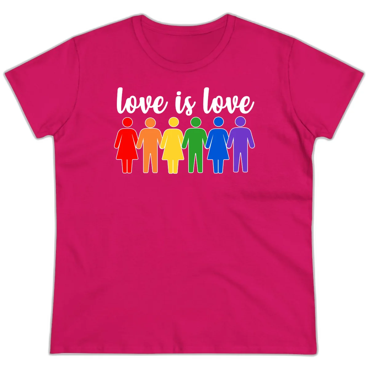 Six colorful figures holding hands in rainbow pride colors with 'love is love' text in Heliconia