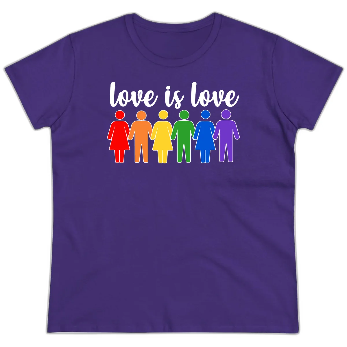 Six colorful figures holding hands in rainbow pride colors with 'love is love' text in Purple