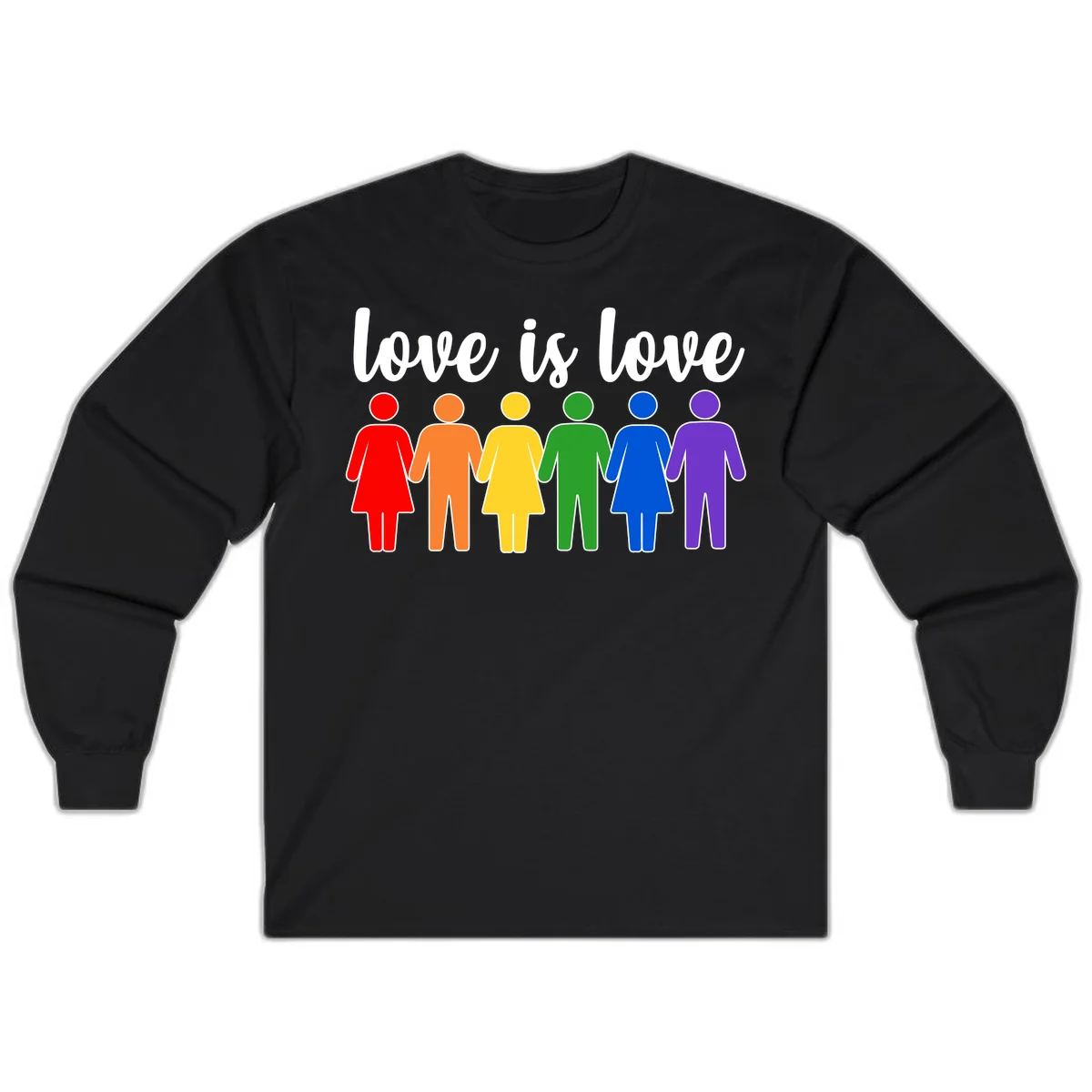 Six colorful figures holding hands in rainbow pride colors with 'love is love' text in Black