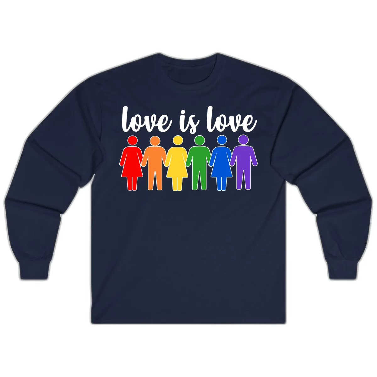 Six colorful figures holding hands in rainbow pride colors with 'love is love' text in Navy