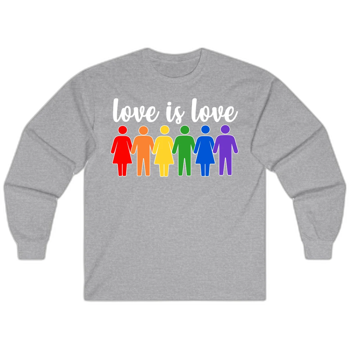 Six colorful figures holding hands in rainbow pride colors with 'love is love' text in Sport Grey