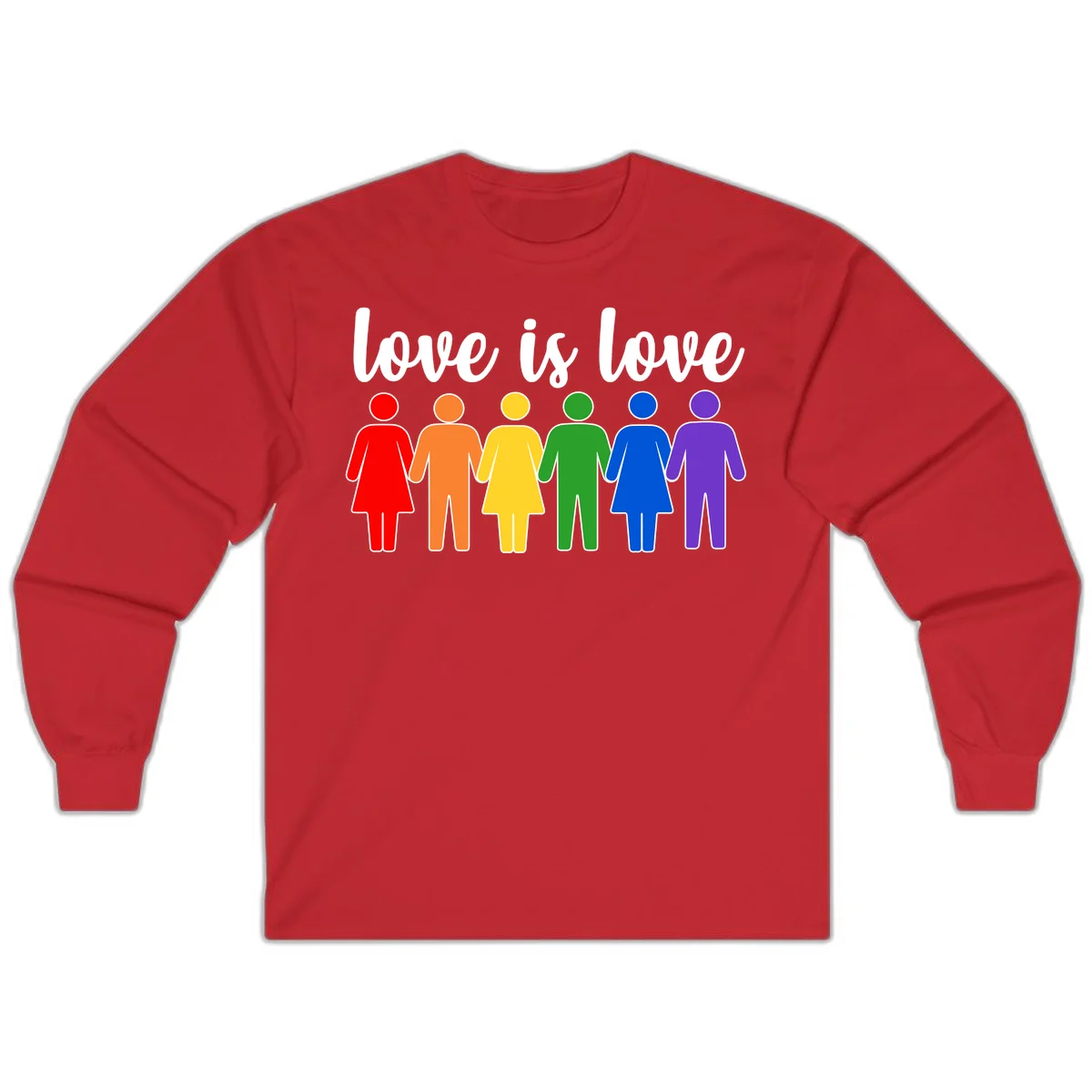 Six colorful figures holding hands in rainbow pride colors with 'love is love' text in Red