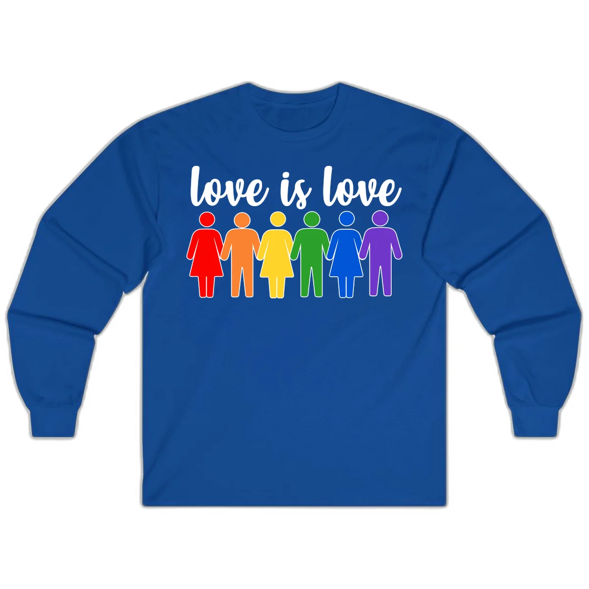 Six colorful figures holding hands in rainbow pride colors with 'love is love' text in Royal