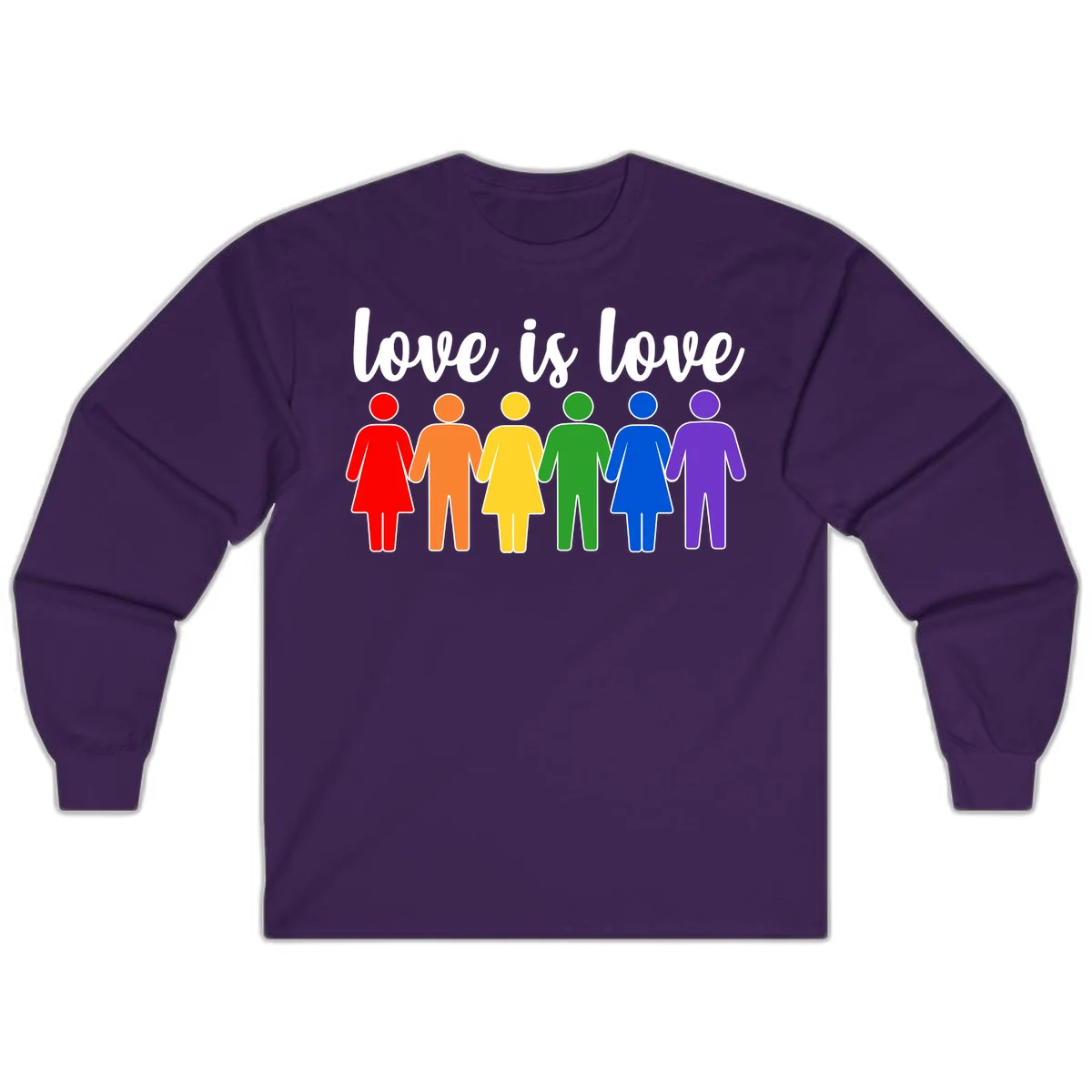 Six colorful figures holding hands in rainbow pride colors with 'love is love' text in Purple