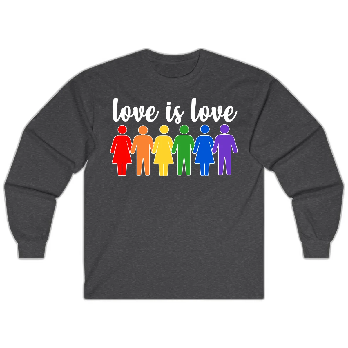 Six colorful figures holding hands in rainbow pride colors with 'love is love' text in Dark Heather