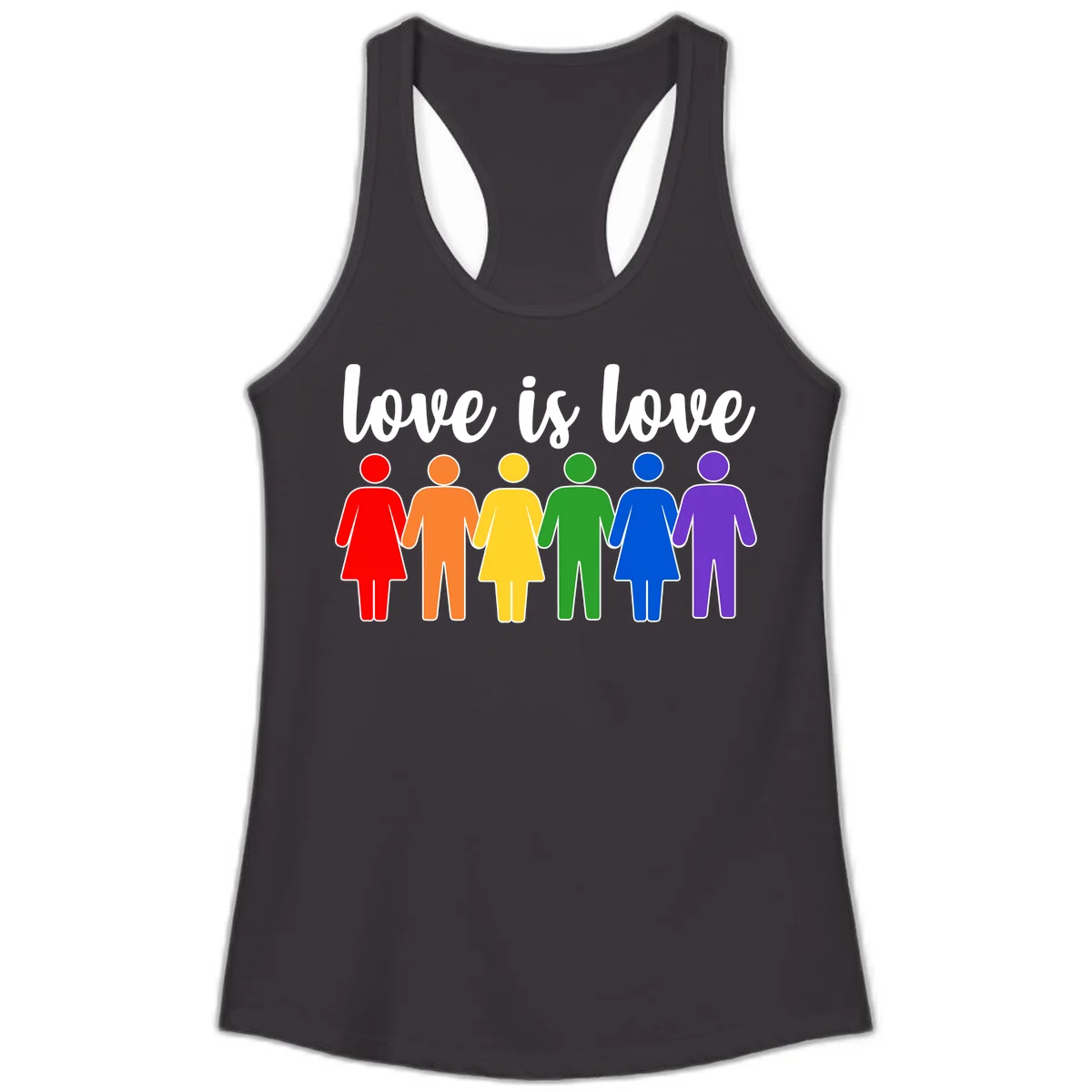 Six colorful figures holding hands in rainbow pride colors with 'love is love' text in Black