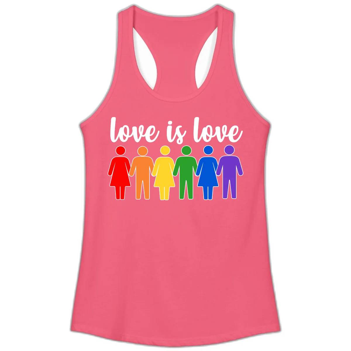 Six colorful figures holding hands in rainbow pride colors with 'love is love' text in Hot Pink