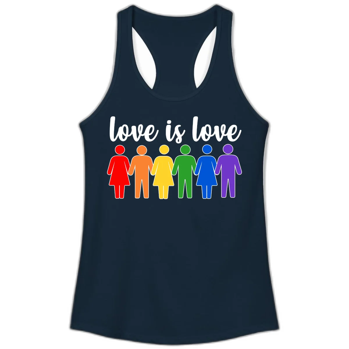 Six colorful figures holding hands in rainbow pride colors with 'love is love' text in Solid Midnight Navy