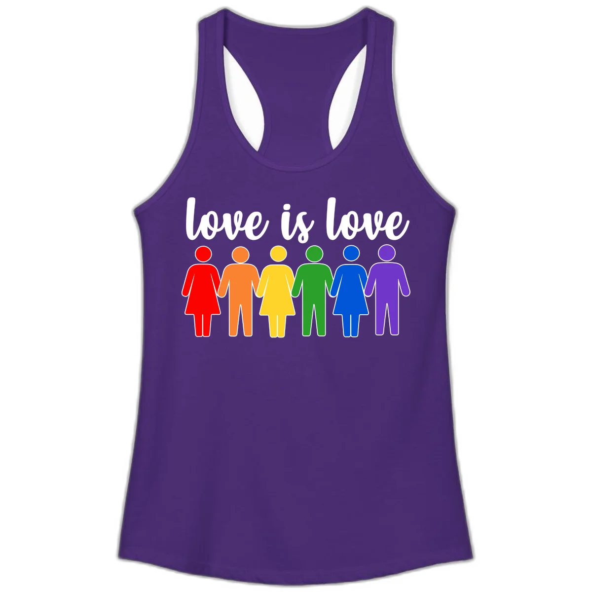 Six colorful figures holding hands in rainbow pride colors with 'love is love' text in Solid Purple Rush