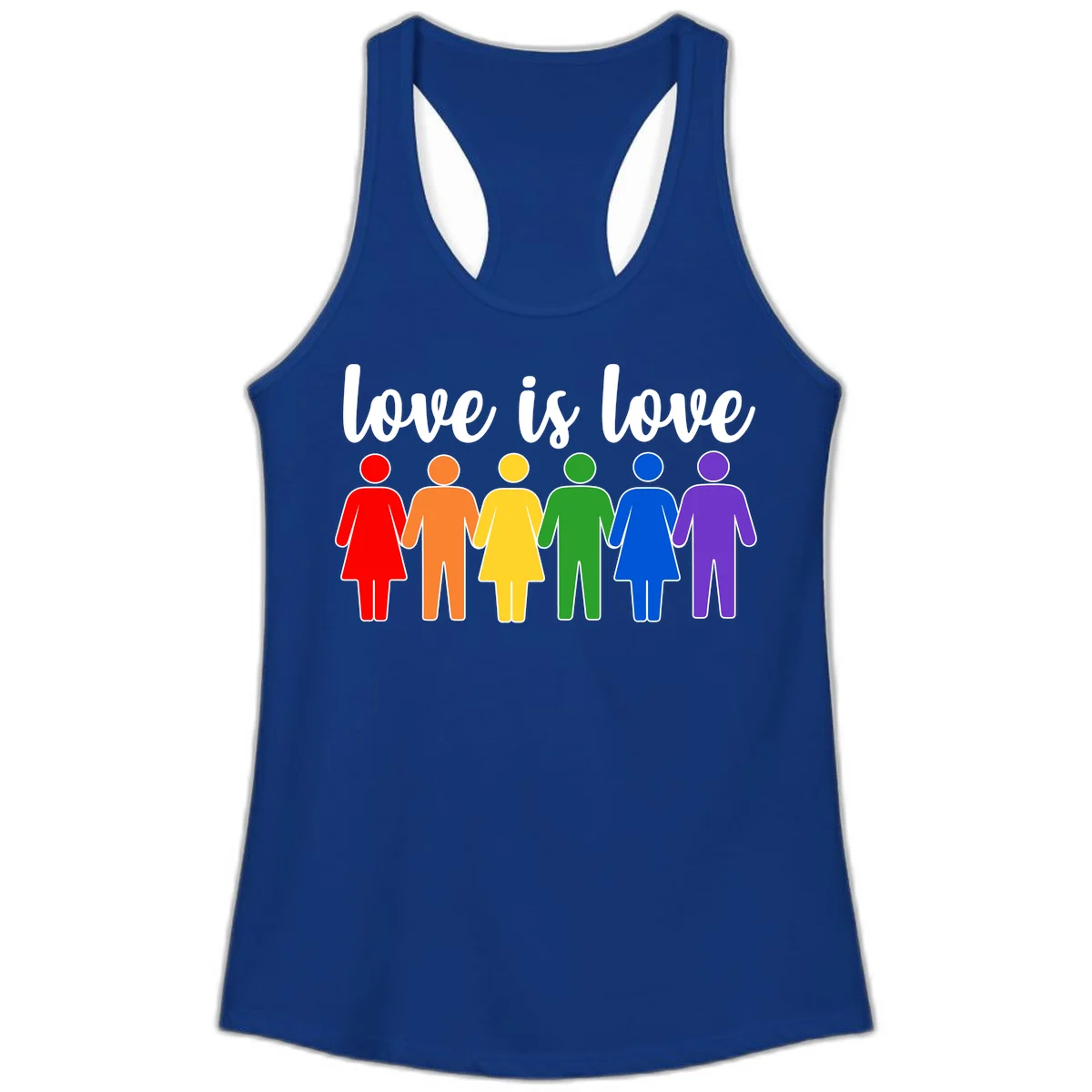 Six colorful figures holding hands in rainbow pride colors with 'love is love' text in Solid Royal