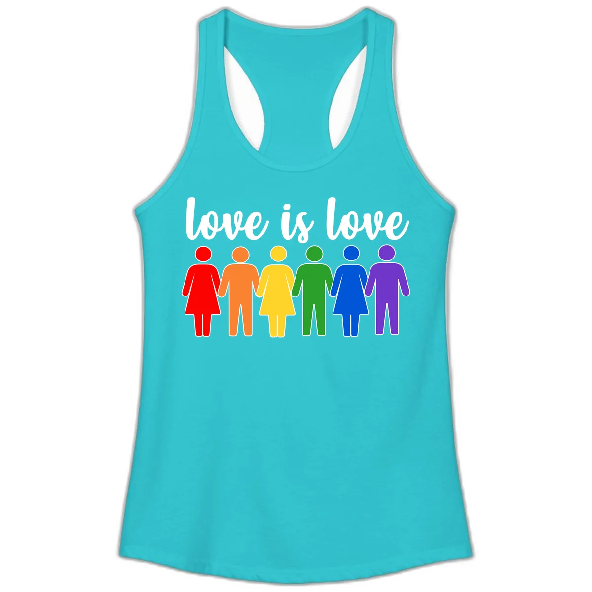 Six colorful figures holding hands in rainbow pride colors with 'love is love' text in Solid Tahiti Blue