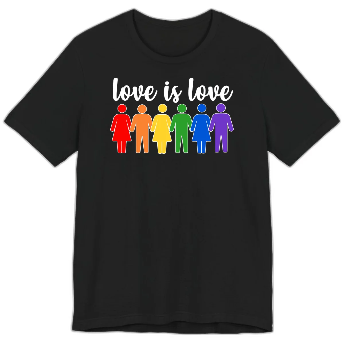Six colorful figures holding hands in rainbow pride colors with 'love is love' text in Black