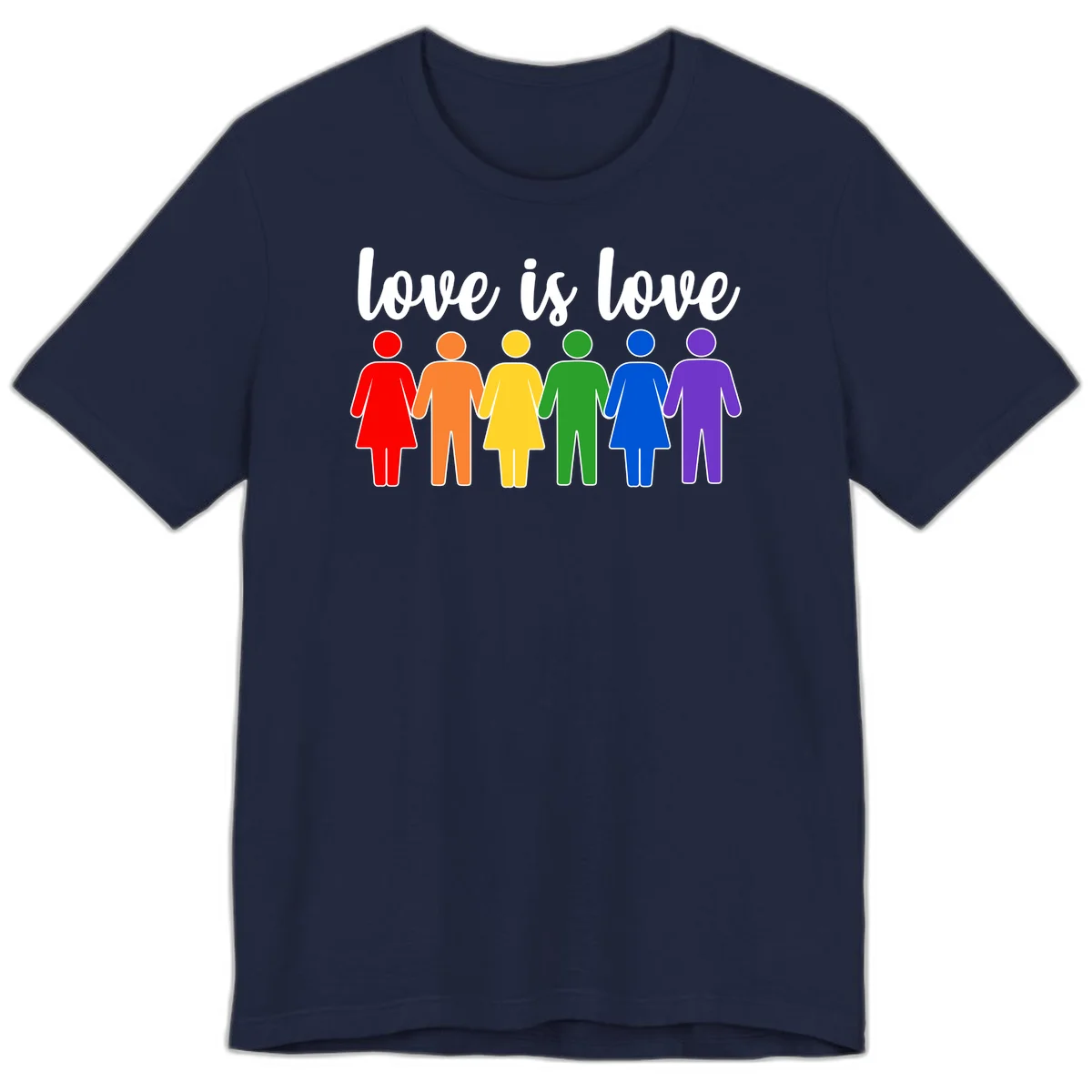 Six colorful figures holding hands in rainbow pride colors with 'love is love' text in Navy