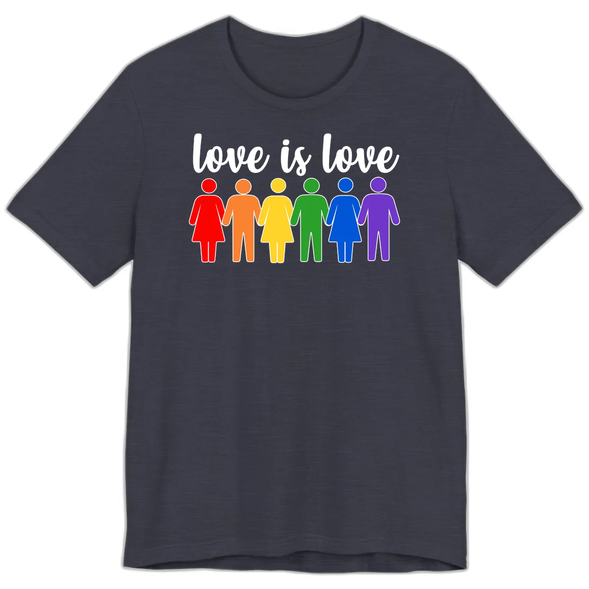 Six colorful figures holding hands in rainbow pride colors with 'love is love' text in Heather Midnight Navy