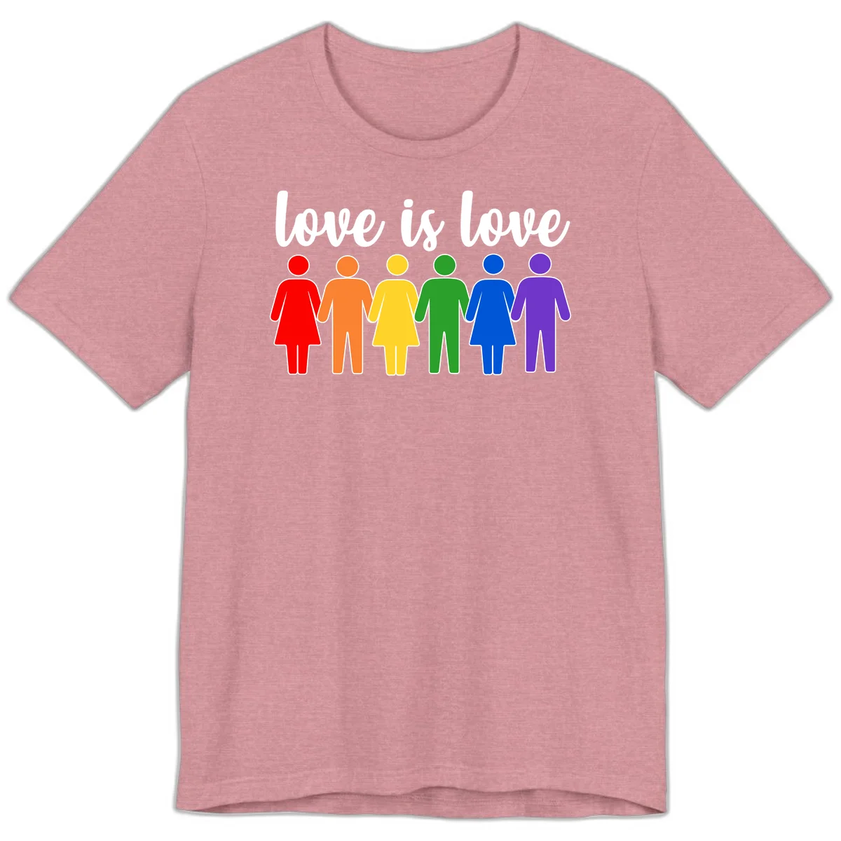 Six colorful figures holding hands in rainbow pride colors with 'love is love' text in Heather Orchid